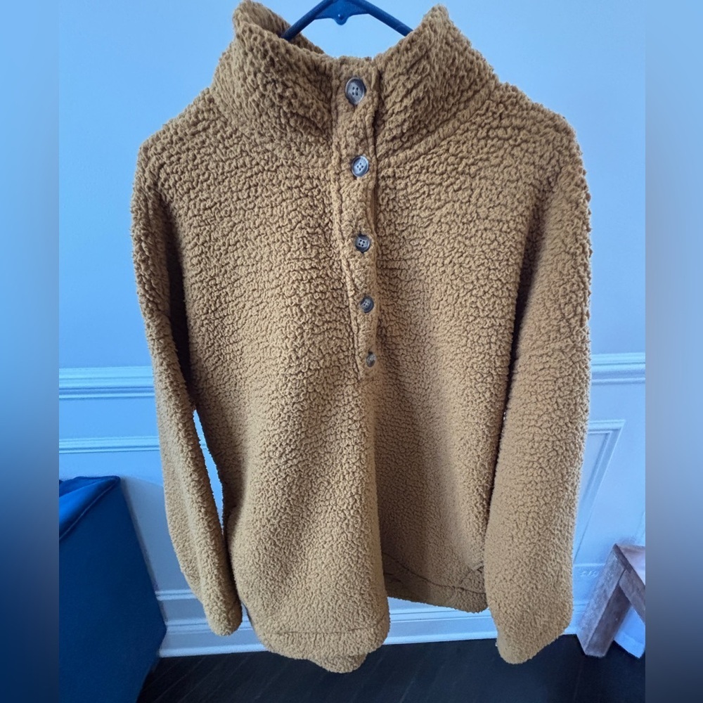 Aerie Sherpa Quarter Button Up Pullover Top Fuzzy Warm Burnt Orange Size L - Picture 7 of 8